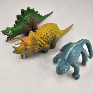 3 Dinosaur Toys Triceratops Stegosaurus Raptor Action Figures Playset Rubber
